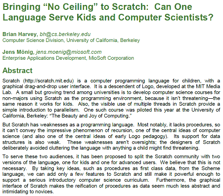 Bringing 'No Ceiling' to Scratch: Can One Language
Serve Kids and Computer Scientists?